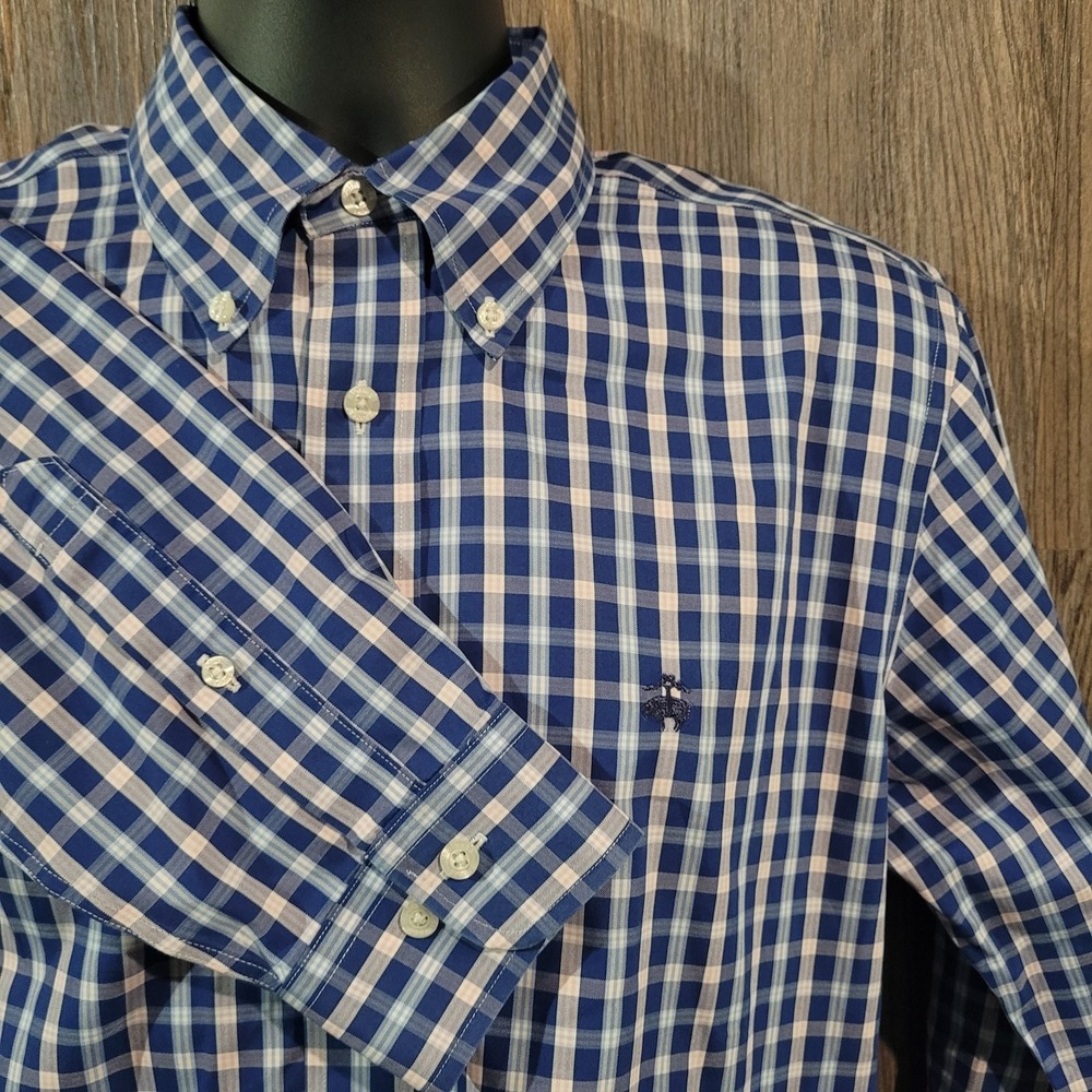 Brooks Brothers Regent Button Down Shirt Sz M Blue Plaid Non-Iron Supima Cotton